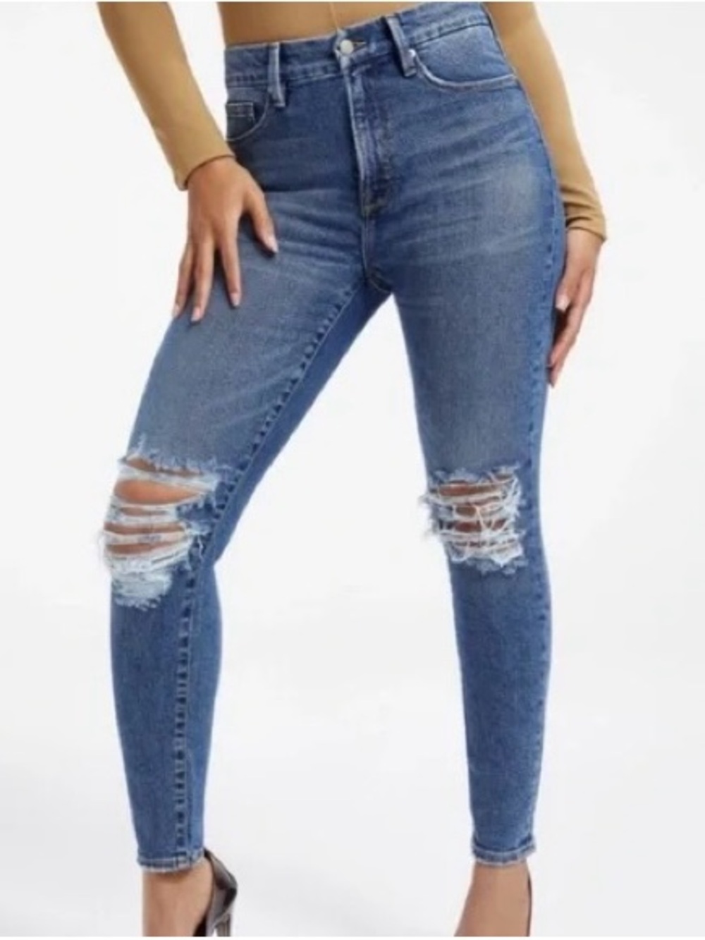Good American Women's Indigo Good Waist Ripped Skinny Ankle Jeans Size 14